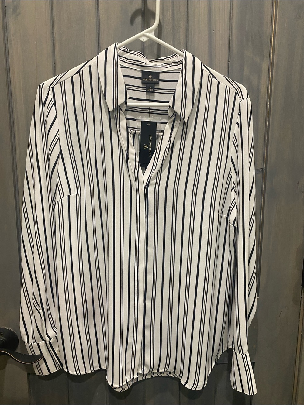 Worthington Black and White Vertical Stripe Button-Down Blouse